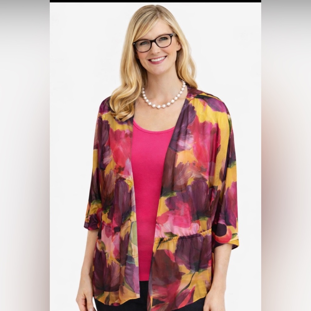 MELANIE LYNE Kimono Size Large Colourful Stretchy Waist at Back Short Sleeves